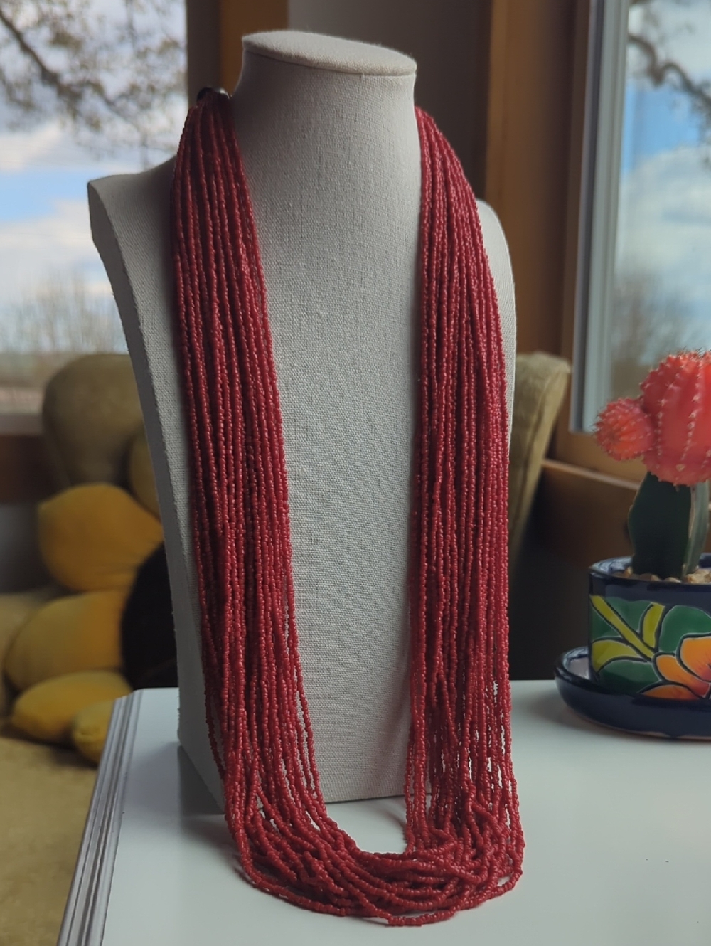Vintage Multi Strand Faux Coral Glass Seed Bead Necklace 30"